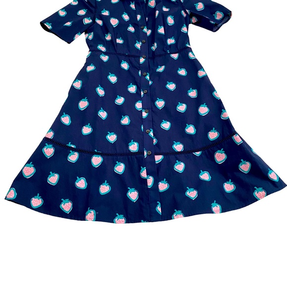 Draper James Navy Blue Pink & Green Strawberry Print Shirt Dress, Size 0 - Picture 8 of 16
